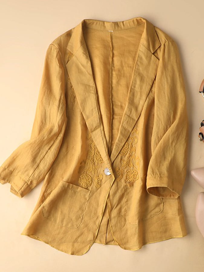 Cotton Linen Solid Color Embroidered Casual Jacket Thin Suit