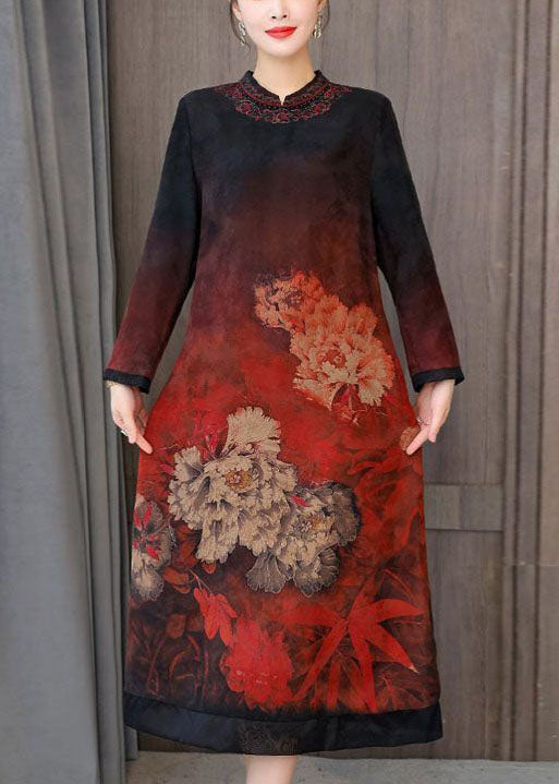 VCSHOES Red Zip Up Print Silk A Line Dresses Fall