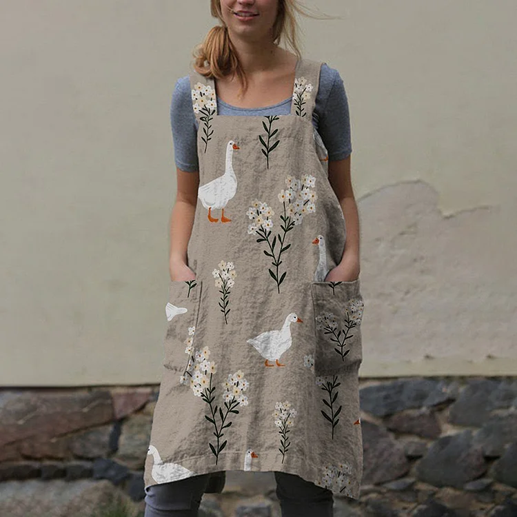 VChics Farm Goose Floral Print Sling Pocket Apron Midi Dress