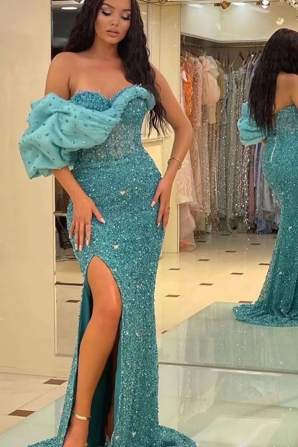 Gorgeous One Shoulder Sweetheart Mermaid Split Evening Dress With Sequins Off-The-Shoulder ED0275