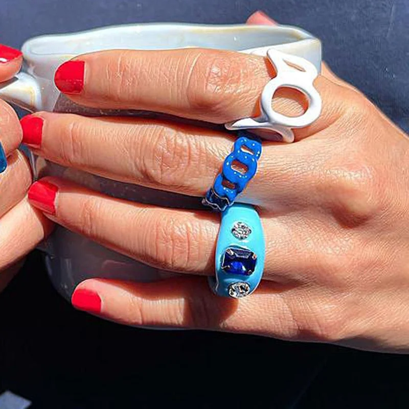 Dvacaman 2021 New Trendy Colorful Dripping Oil Resin Rhinestone Geometric Rings Hand-Painted Open Rings for Women Party Jewelry