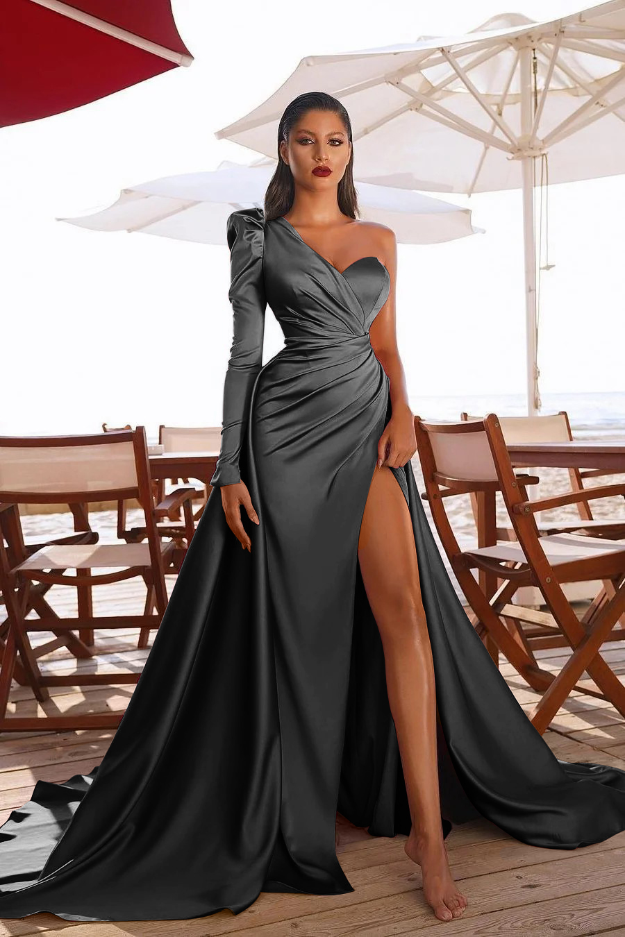 Daisda Glamorous One Shoulder Long Sleeves Prom Dres With Slit