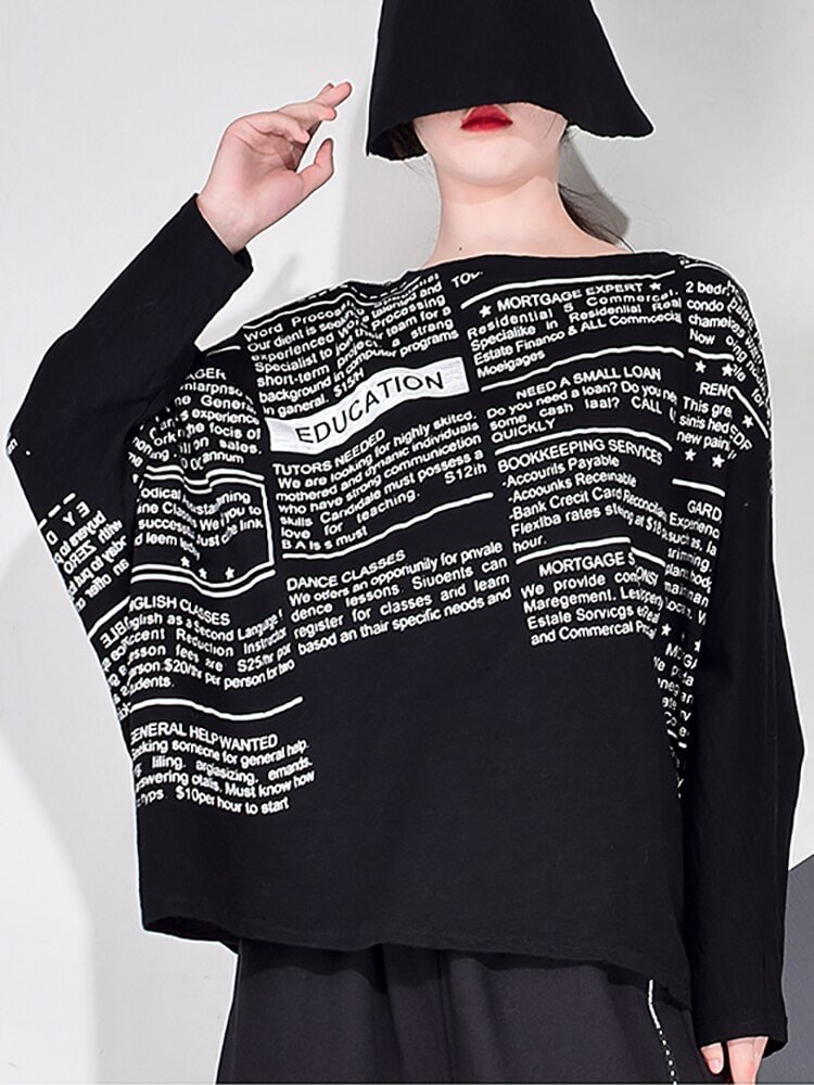 Causal Loose O-neck Letter Printed Long Batwing Sleeve T-shirt