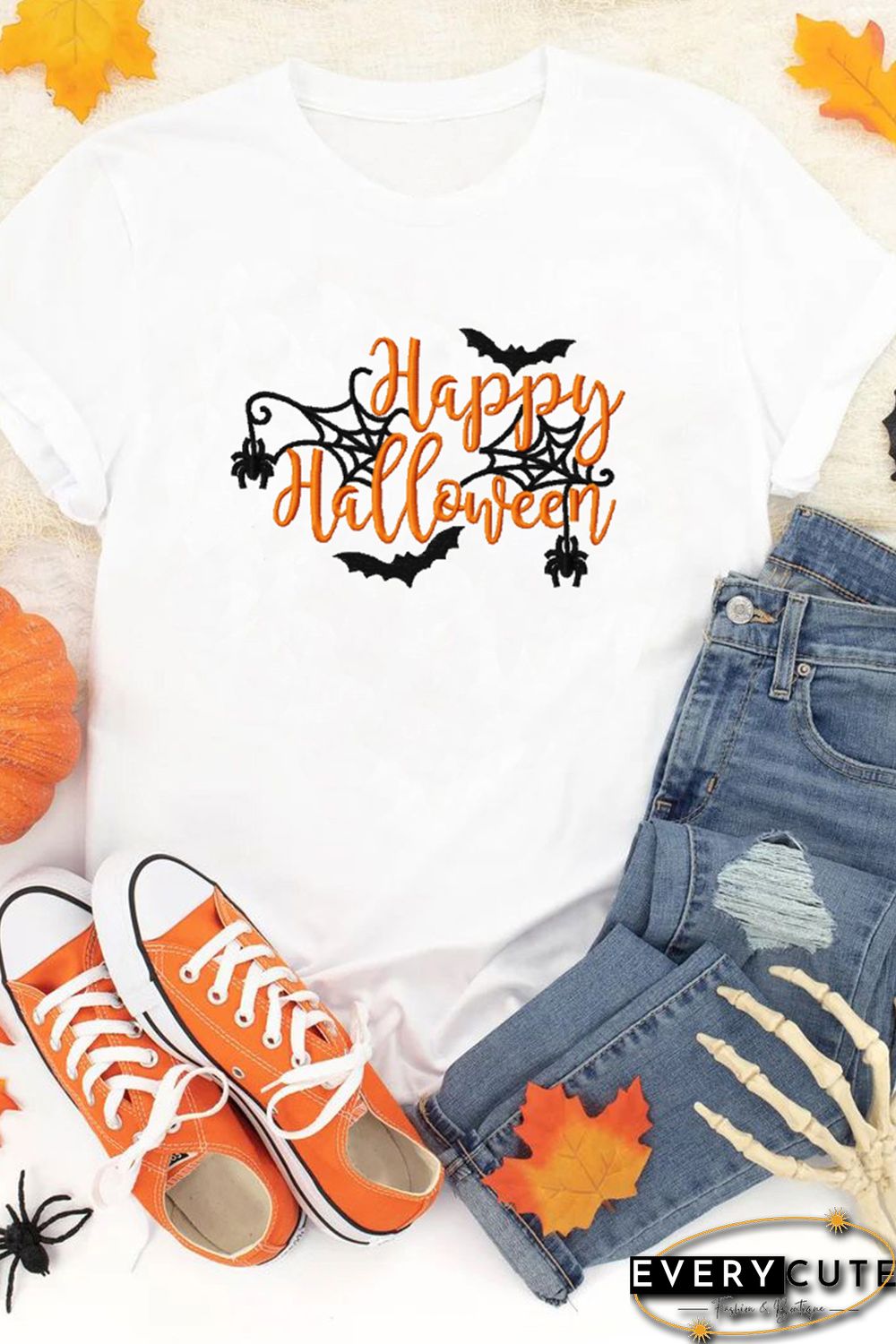 White Happy Halloween Embroidered Graphic Short Sleeve Tee