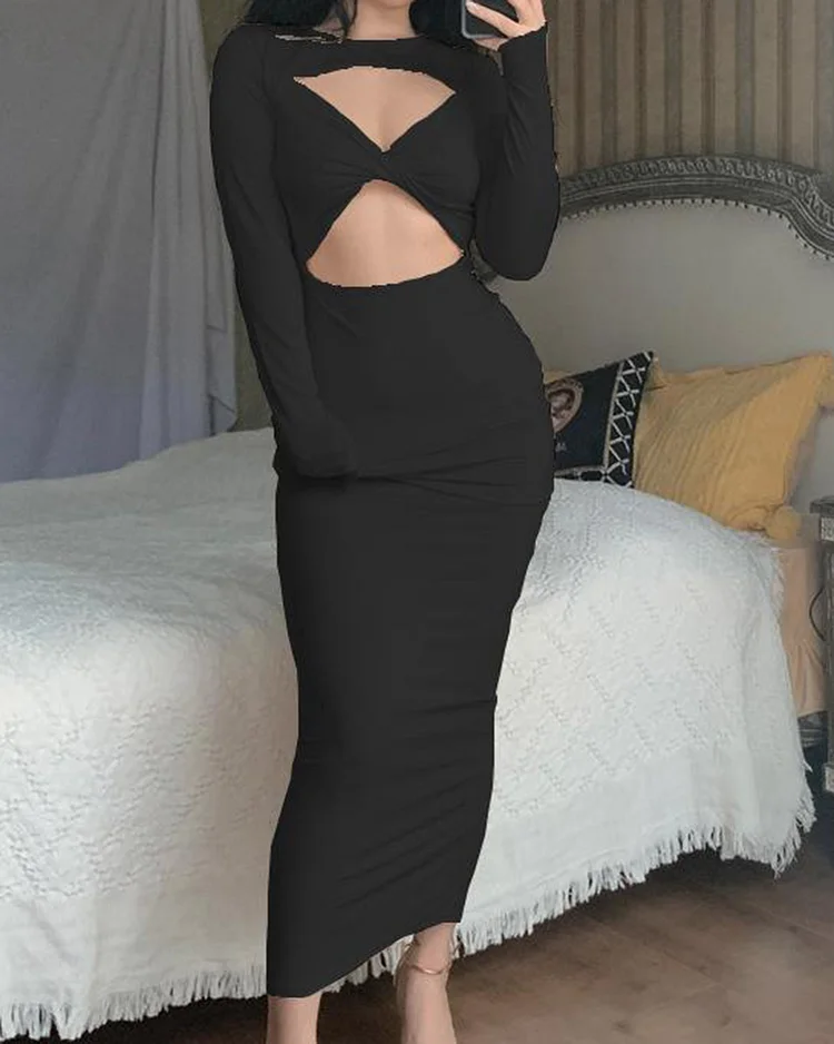 Solid Color Cutout Long Sleeve Dress