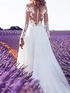 Embroidered Pleated Split-Side Backless V-Neck Long Sleeves Wedding Dress