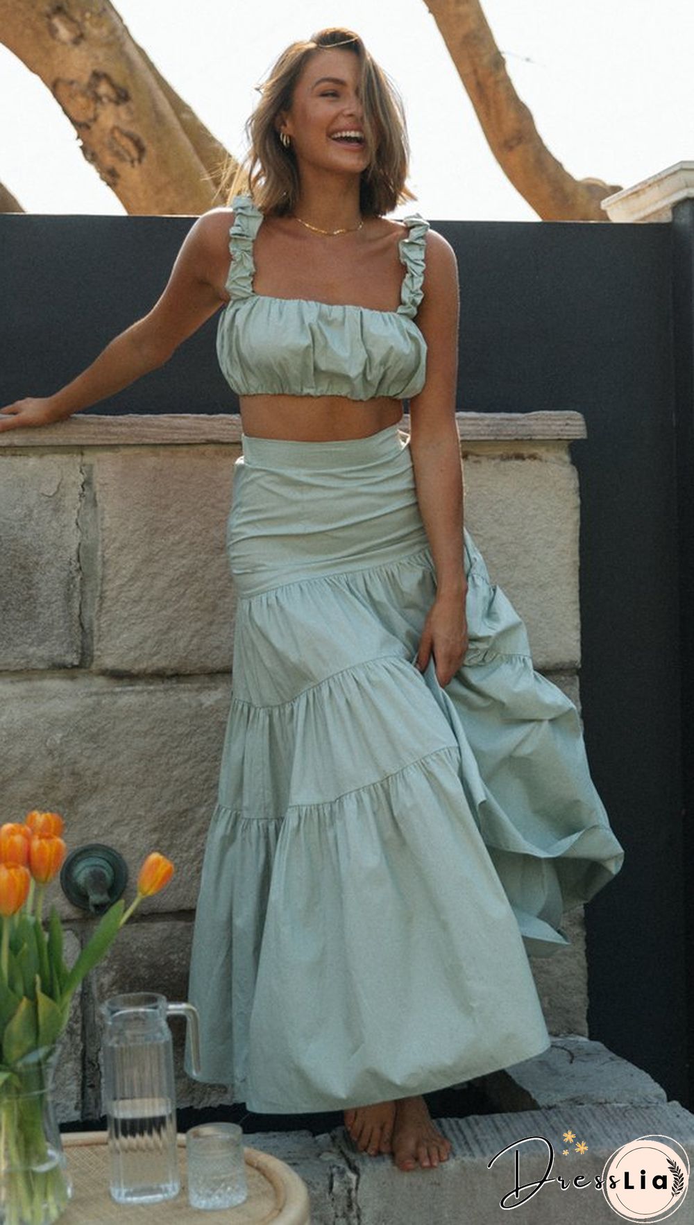 Green Ruffled Crop Top and Skirt Sets