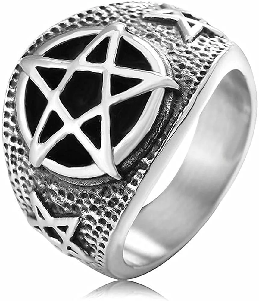 JAJAFOOK Punk Retro Men's Inverted Evil Pentathlon Satanic Stainless Titanium Steel Rings