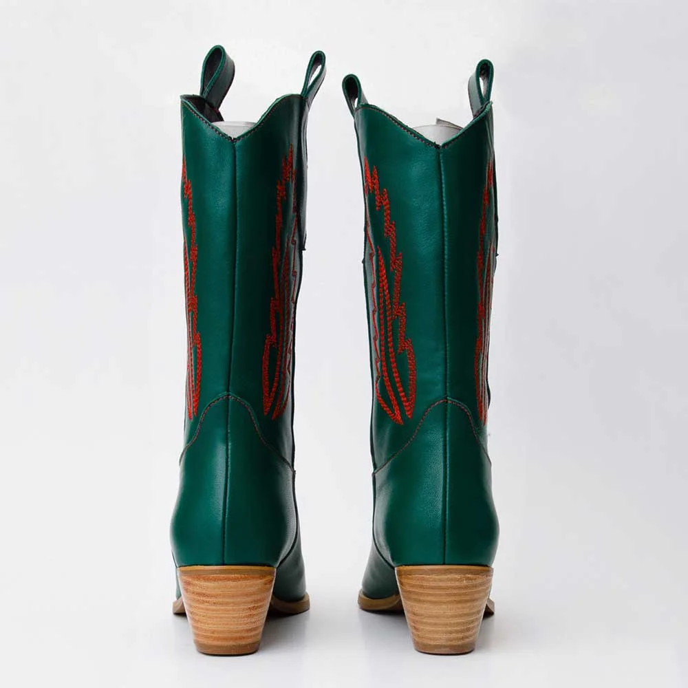 Green Vegan Leather Pointed Toe Stacked Heel Embroidered Cowgirl Boots