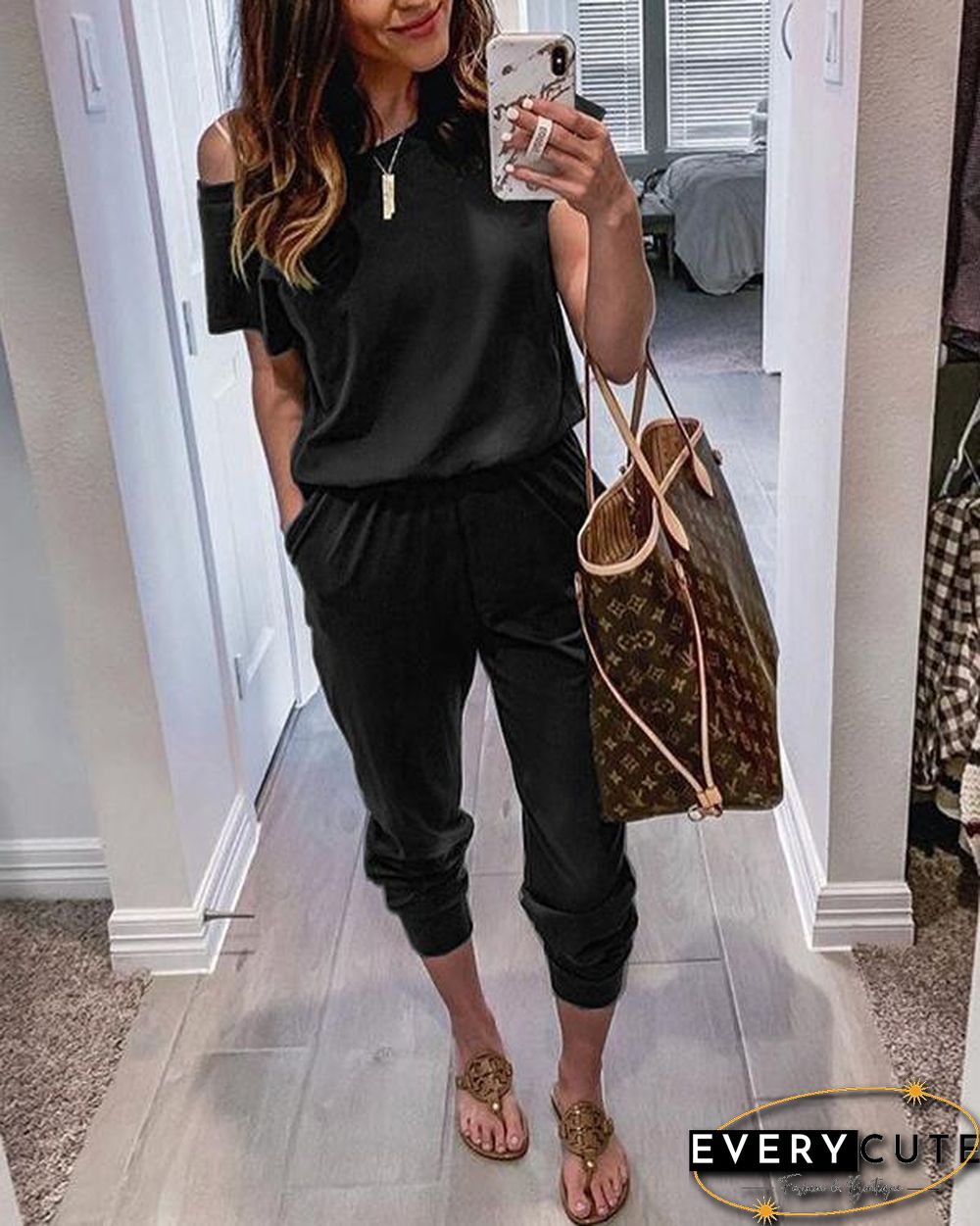 Short Sleeves Pockets Jumpsuit