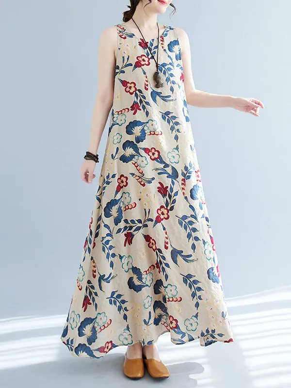 Long Sleeves Loose Elasticity Flower Print Round-Neck Maxi Dresses main image 0