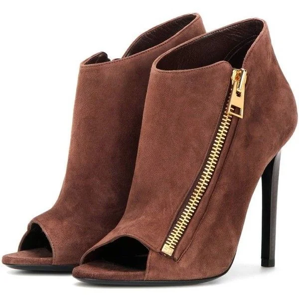 Brown Stiletto Boots Vegan Suede Peep Toe Heeled Ankle Boots |FSJ Shoes