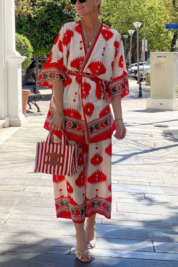 Pop of Red Ethnic Print Belted Kimono and Elastic Waist Pocket Cropped Pants Set