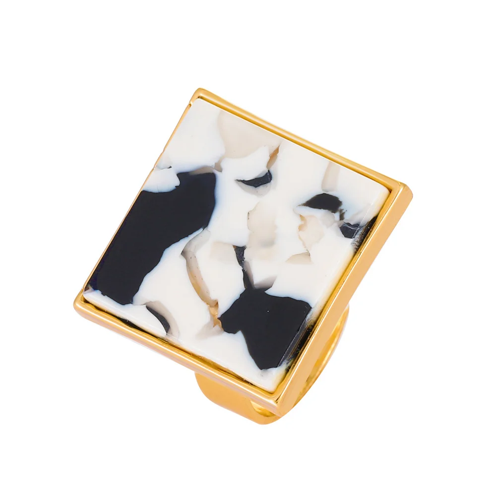 Black and White Gold Plated Square Ring