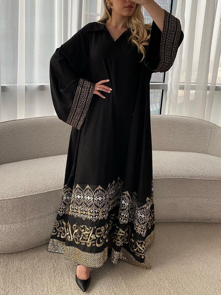 Women's Folk Pattern V Neck Long Sleeve Dress