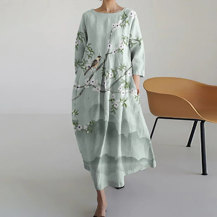 Flower And Bird Art Print Round Neck Loose Midi Dress