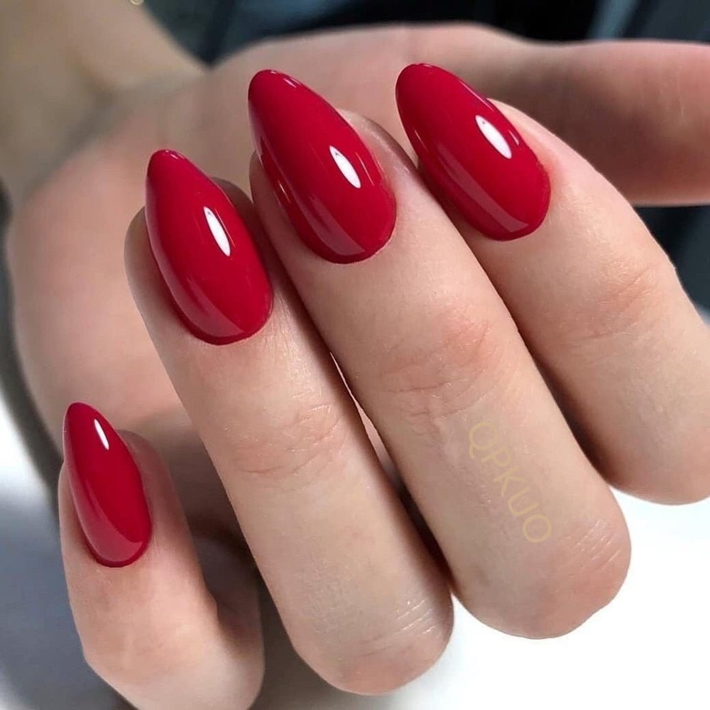 24Pcs Shiny Wine Red Short Stiletto False Nails DIY Press On Fake Nail With Jelly Glue Lady Daily Wear Manicure Tools