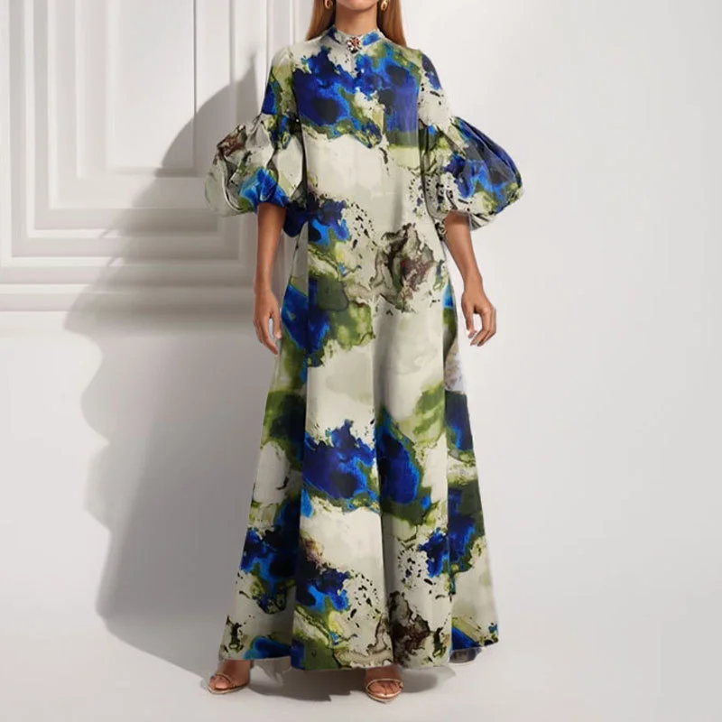Brownm Brownm 2024 New Women's Wear Temperament Loose Printing And Painted Women's Large Swing Bubble Sleeve Dress