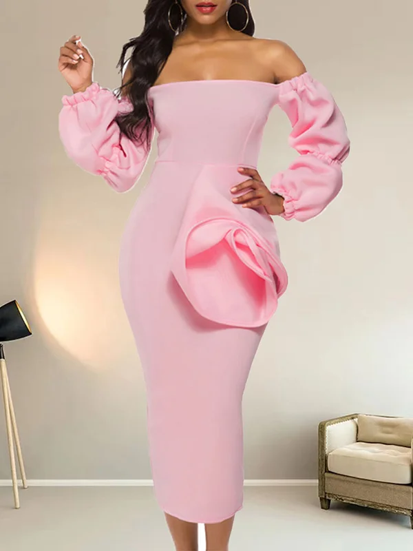 Off-The-Shoulder Long Sleeve Wrap Applique Solid Color Midi Dress