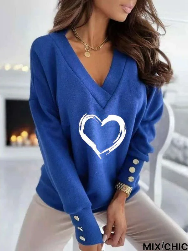 V neck Casual Heart Long Sleeve Sweatershirt