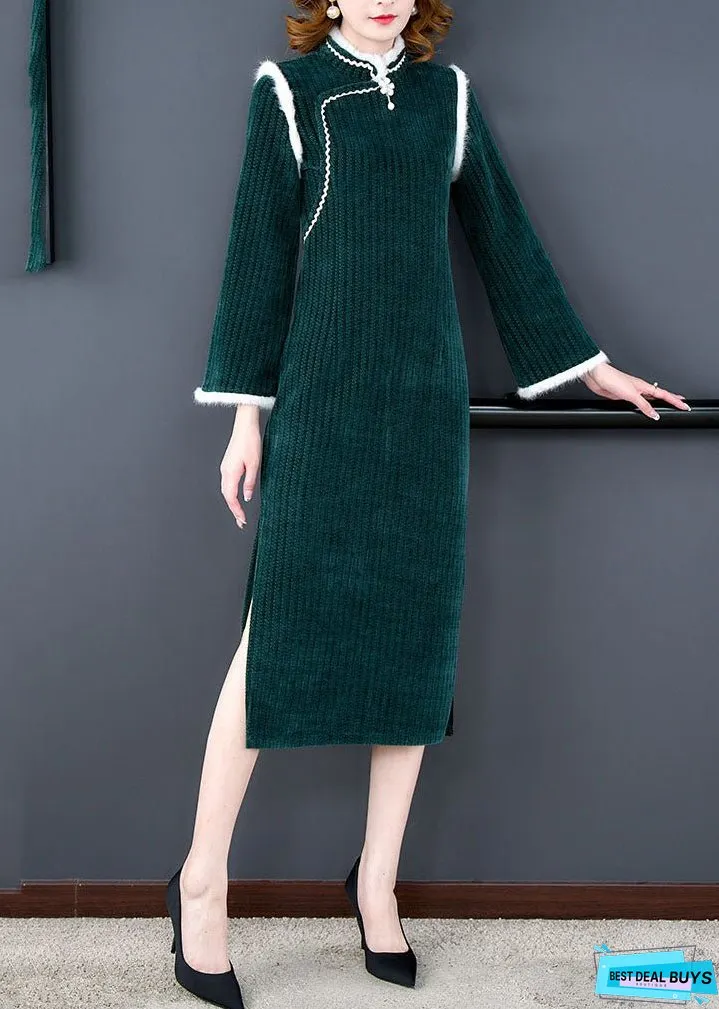 Unique Green Patchwork Side Open Thick Velour Maxi Dress Long Sleeve