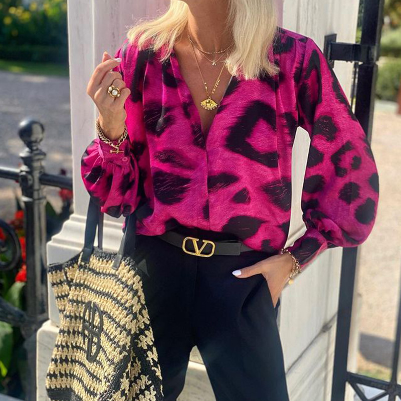 Mature Women Fashion Special V-neck Long Sleeve Bohemian Leopard Top