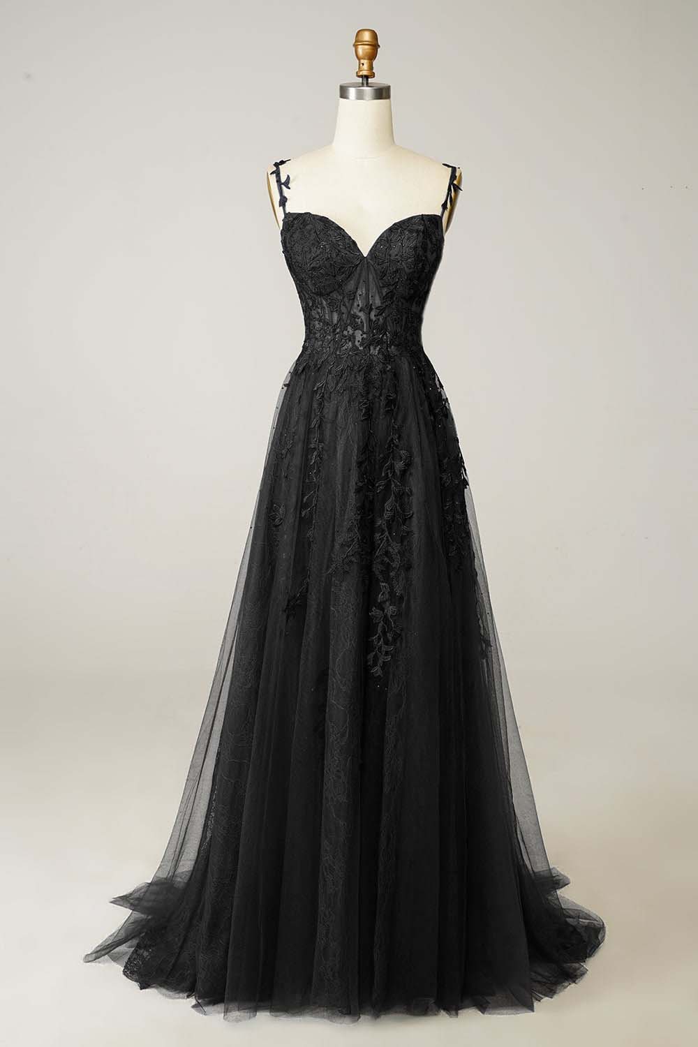 Spaghetti Straps Fashion Dark Navy Tulle Appliques Long Mermaid Prom Dress