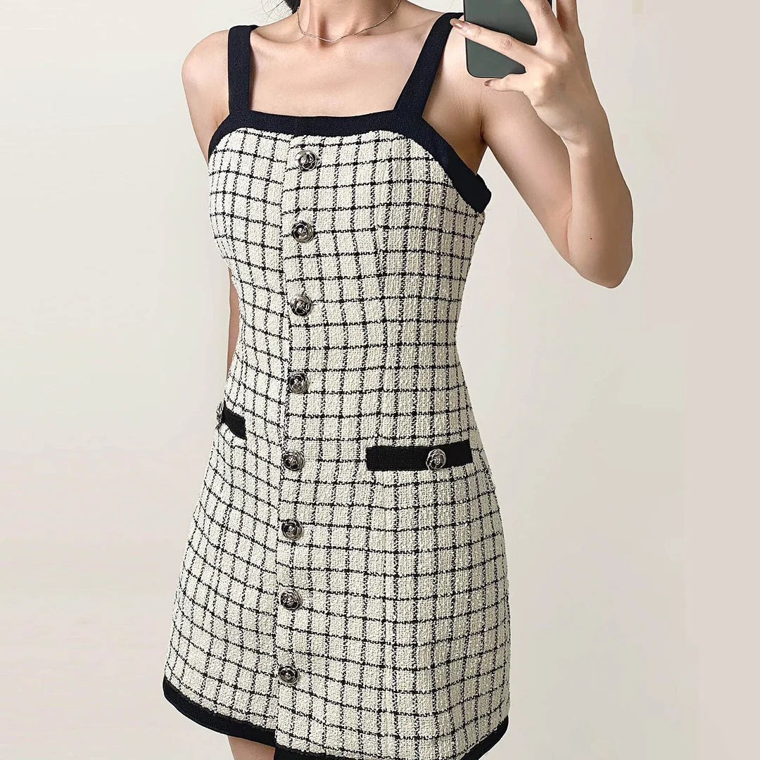 Abebey Ivory Button Front Checked Wool-Blend Tweed Mini Dress