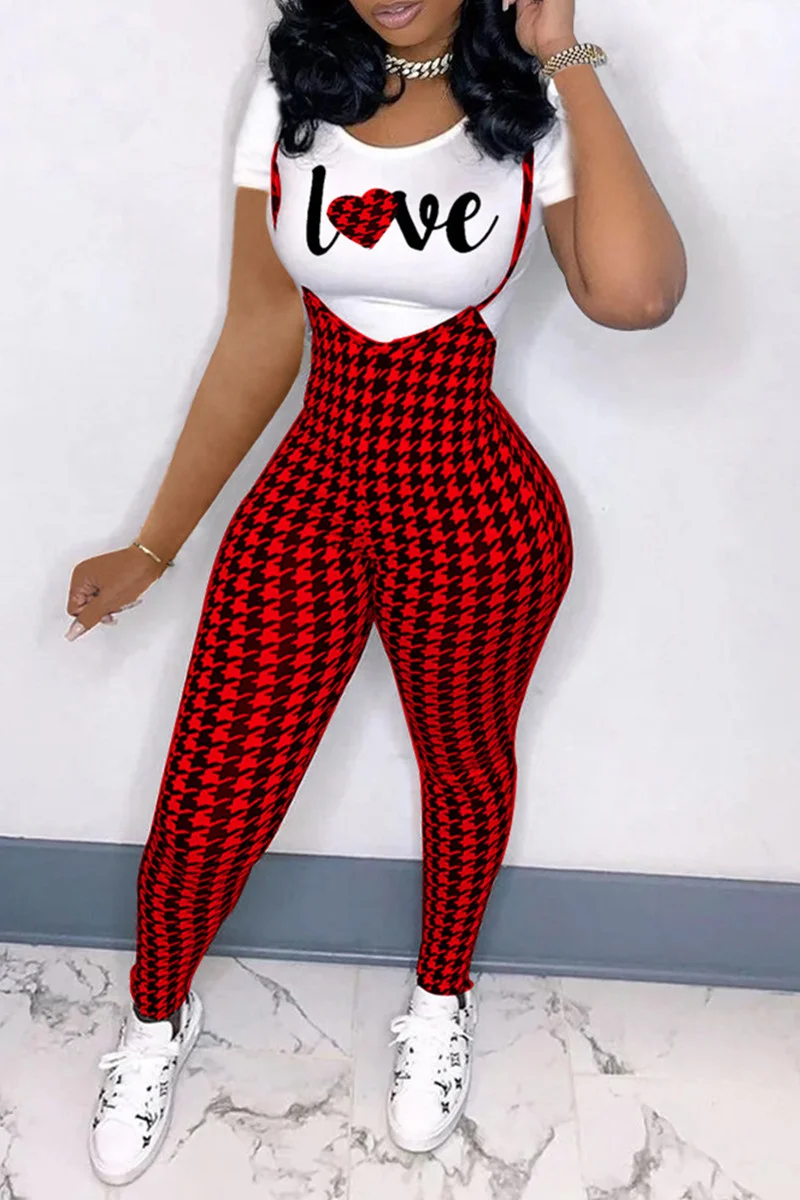 Red Fashion Casual Letter Plaid Print Basic O Neck Short Sleeve Two Pieces | EGEMISS