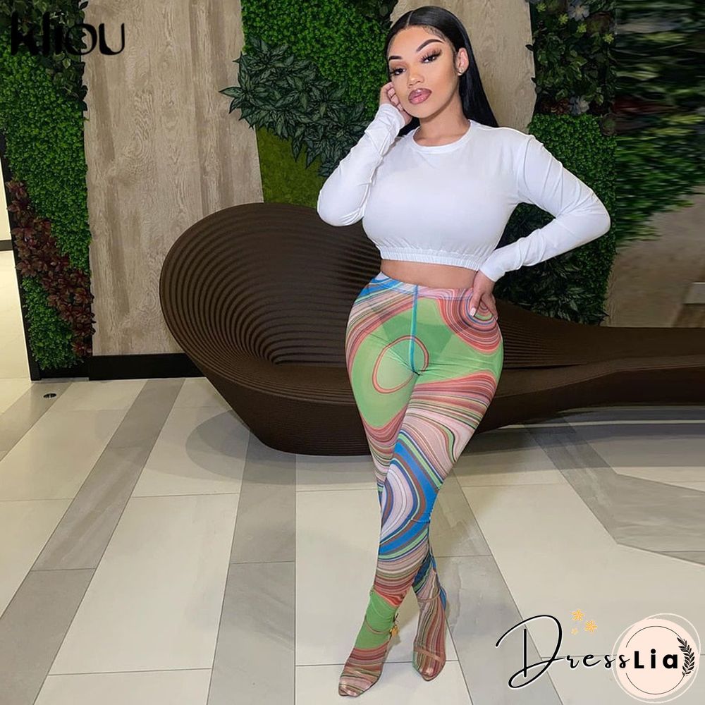 Kliou Mesh Print Foot Pants Women Medium Waist Skinny Body-Shaping Leggings Fashion Sexy High Street Female Trousers Hot
