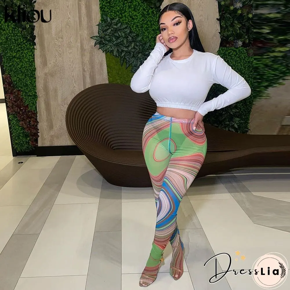 Kliou Mesh Print Foot Pants Women Medium Waist Skinny Body-Shaping Leggings Fashion Sexy High Street Female Trousers Hot