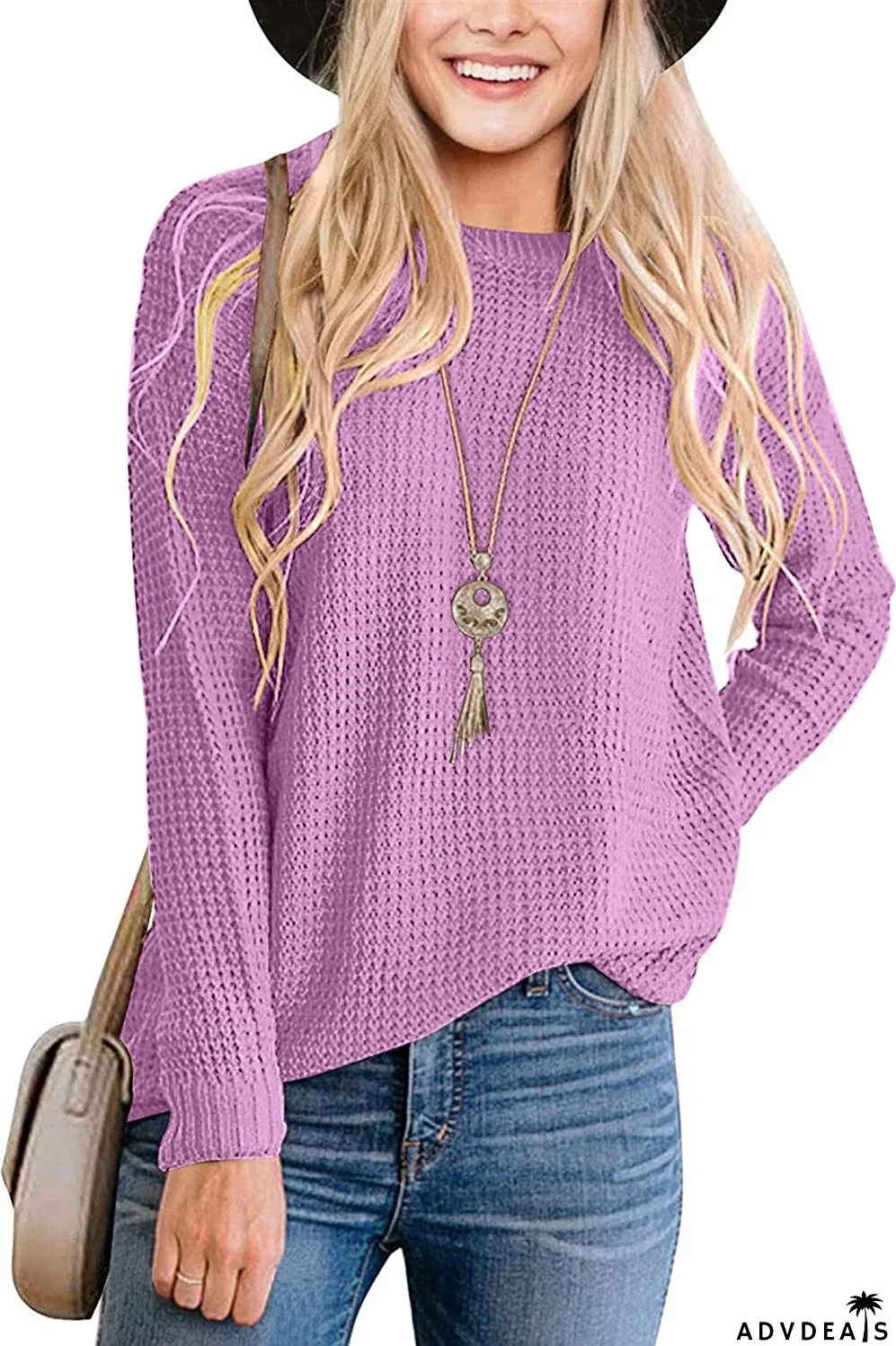 Women's Long Sleeve Waffle Knit Crew Neck Solid Color Sweater