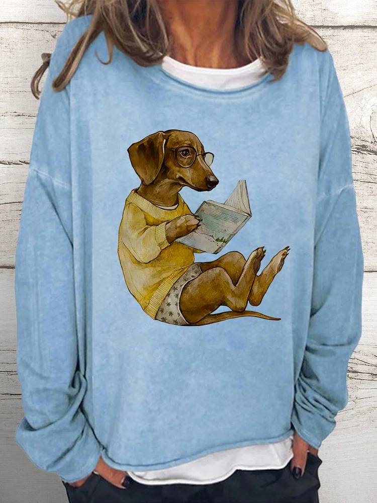 dog reading book Women Loose Sweatshirt-0024234