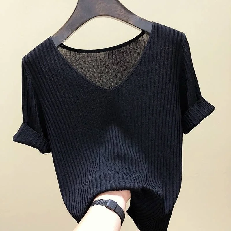 Knitted Short Sleeve Blouse Women Tops 2021 Solid Korea Summer Shirt Thin V-neck Knit Female Tee Shirt Dames Gebreid Shirt 13783
