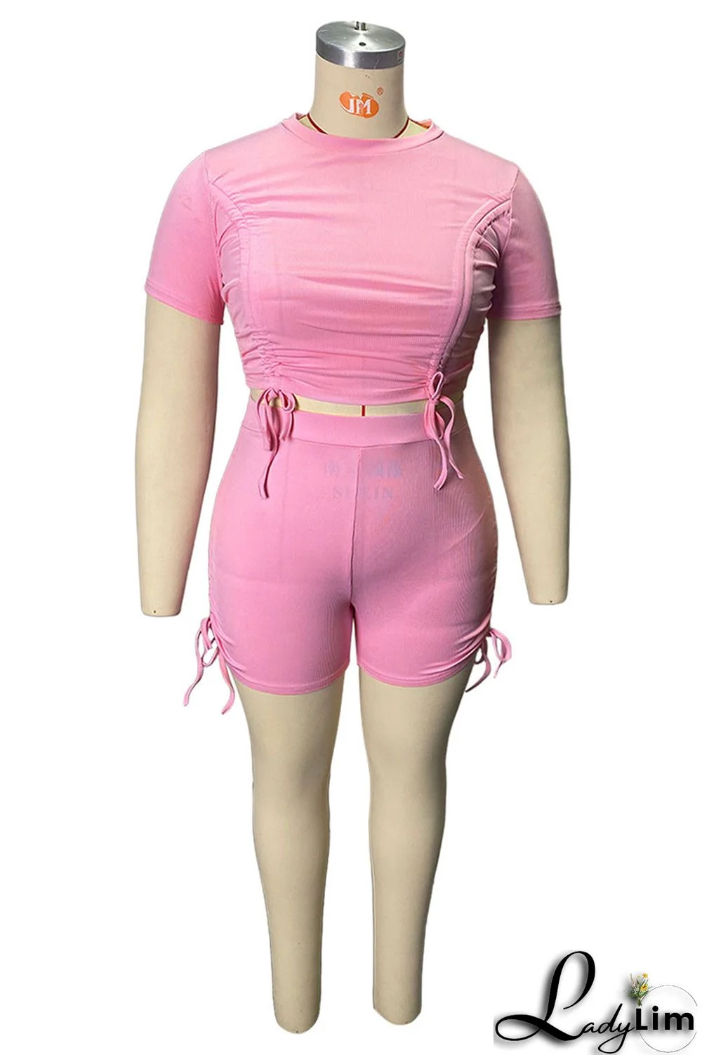 Orange Fashion Casual Solid Draw String Frenulum O Neck Plus Size Two Pieces