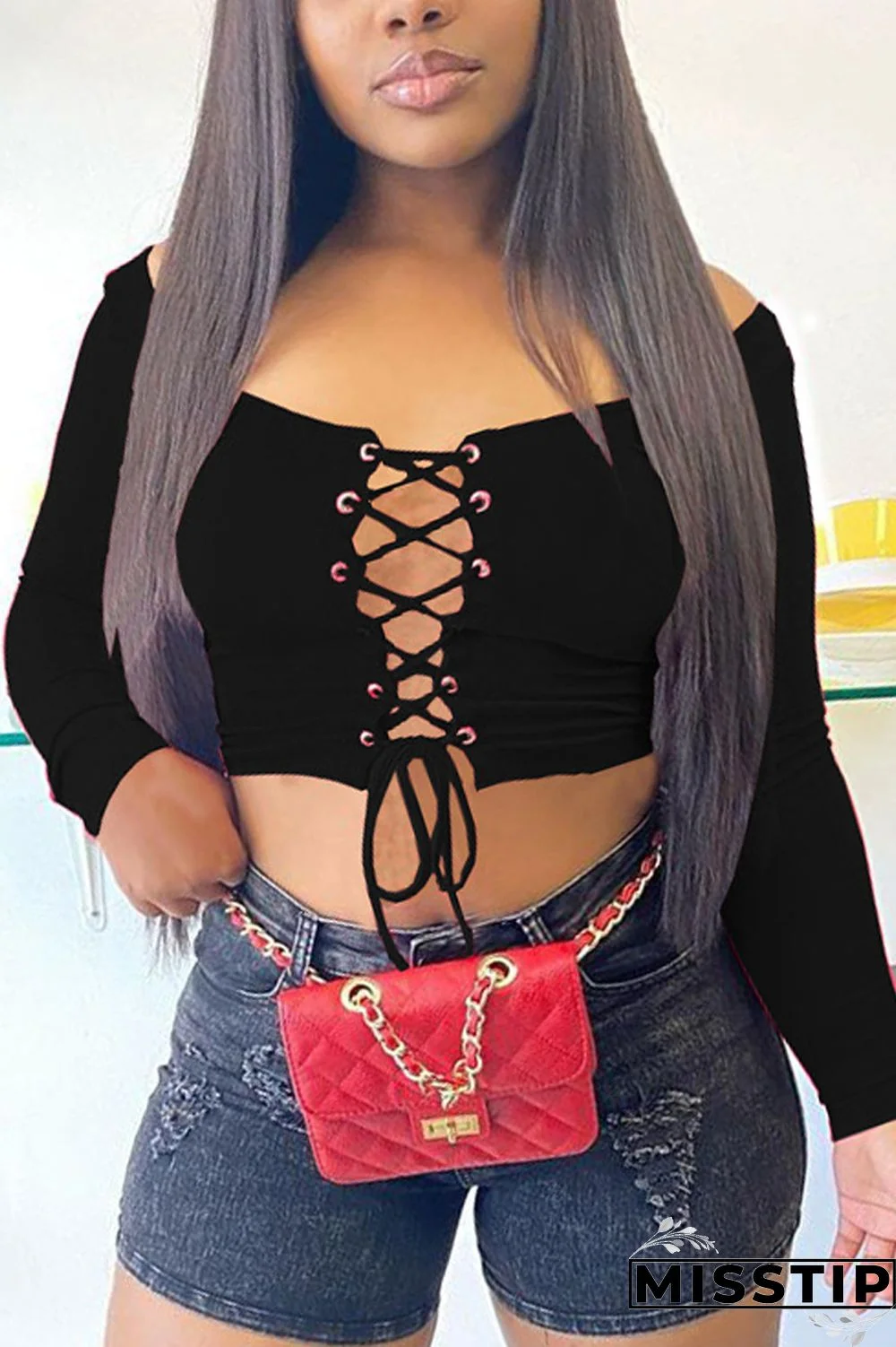 Black V Neck Long Sleeve Solid backless Bandage crop top Tops