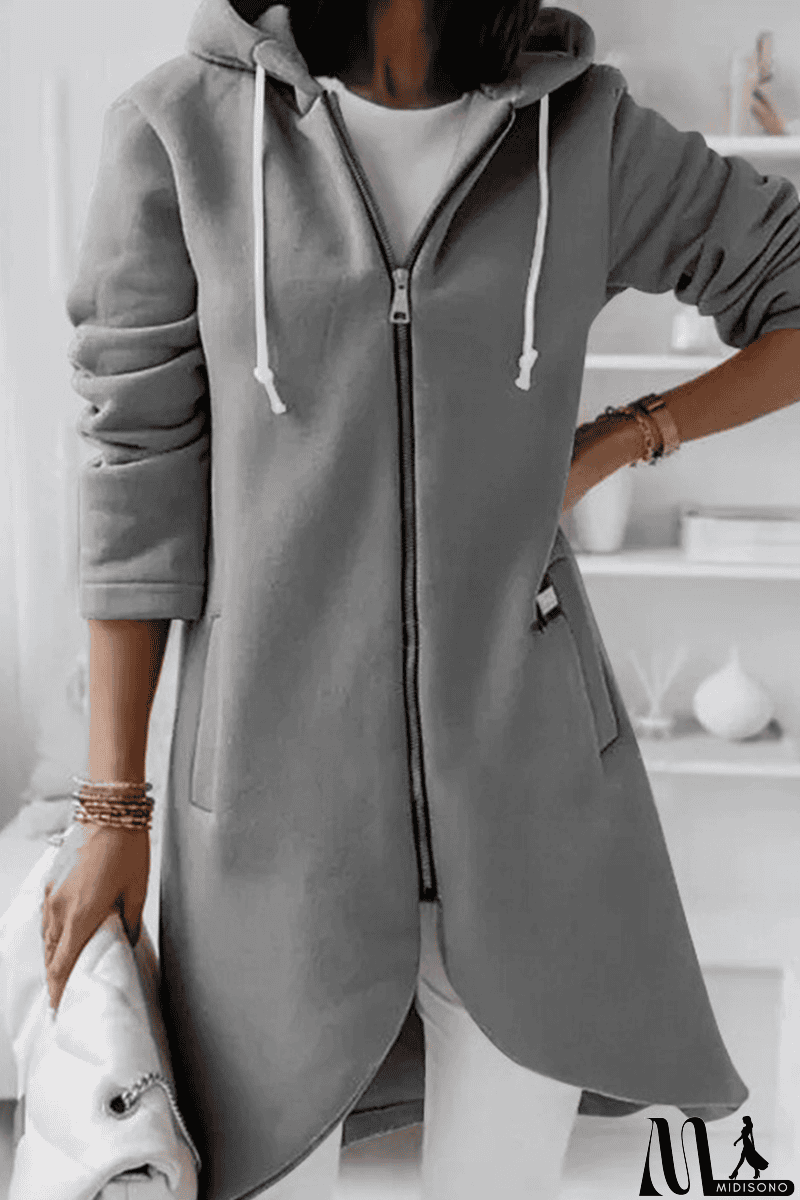MidiSono - Casual Solid Draw String Zipper Hooded Collar Outerwear(8 Colors)