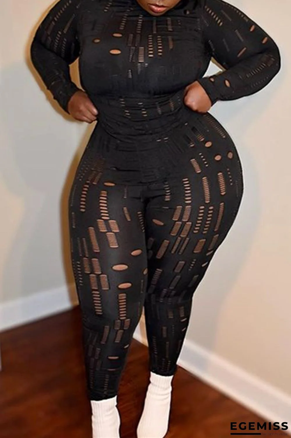 Black Fashion Sexy Solid Ripped Hollowed Out Turtleneck Plus Size Two Pieces | EGEMISS