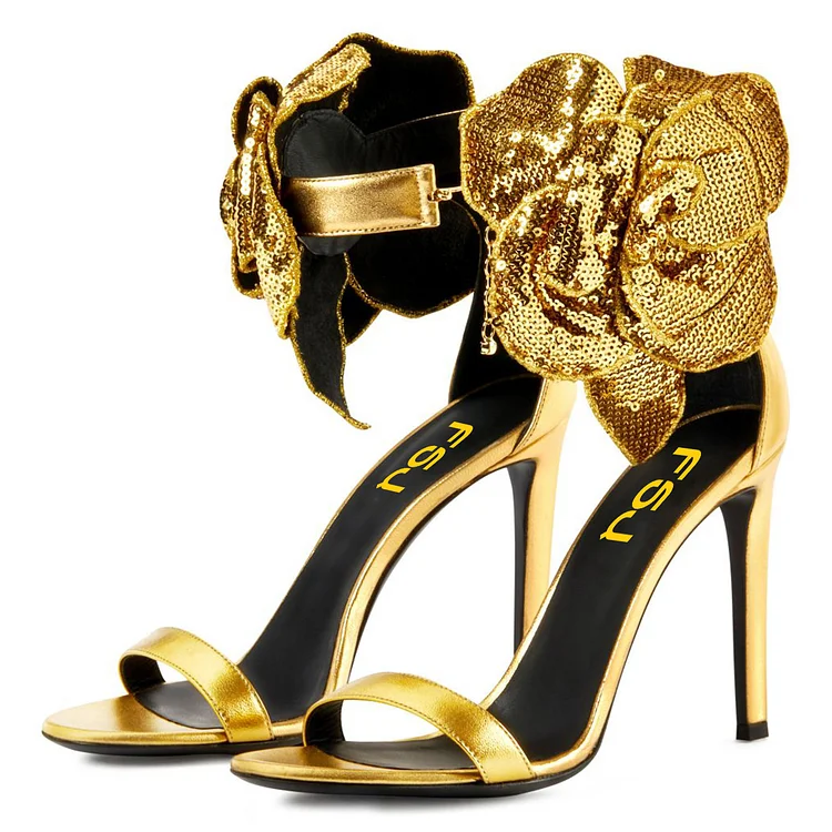 Gold Flower Embellished Evening Shoes Ankle Strap Sandals |FSJ Shoes