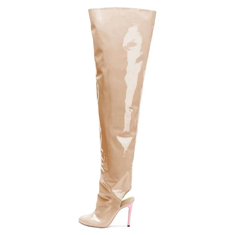 Nude Patent Leather Over-the-Knee Slingback Stiletto Boots Vdcoo