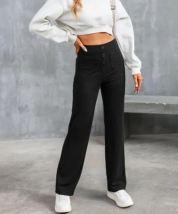 High Waisted Button Multiple Pockets Straight Leg Casual Pants