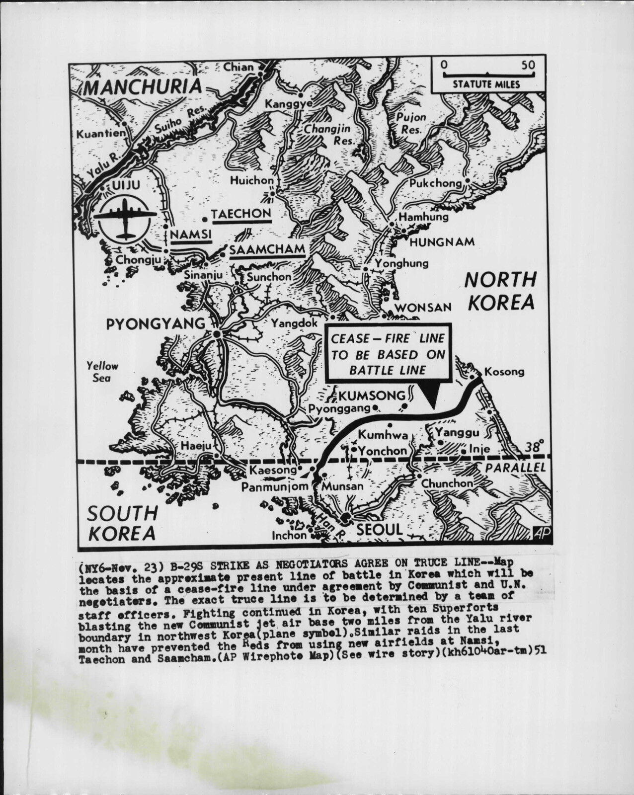 Truce Line and B-29 Strike Map 1951 Korea War Press Photo Poster painting