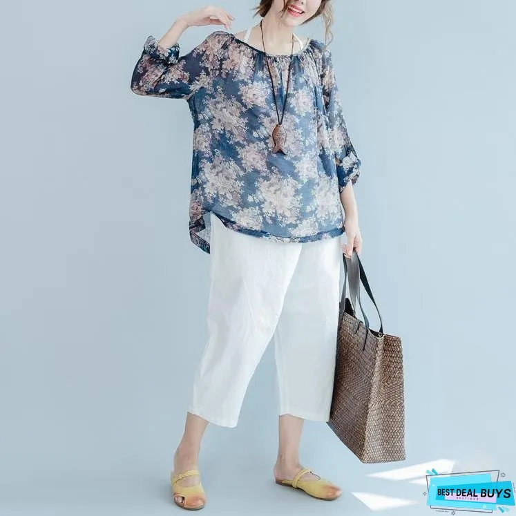 The old memories Navy floral cotton shirts thin long sleeve blouses cotton tops