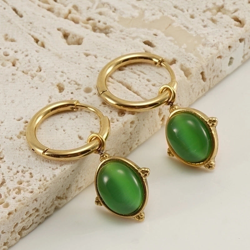 1 Pair Retro Round Water Droplets Snake Inlay 304 Stainless Steel Artificial Gemstones Turquoise 18K Gold Plated Stainless Steel Earrings