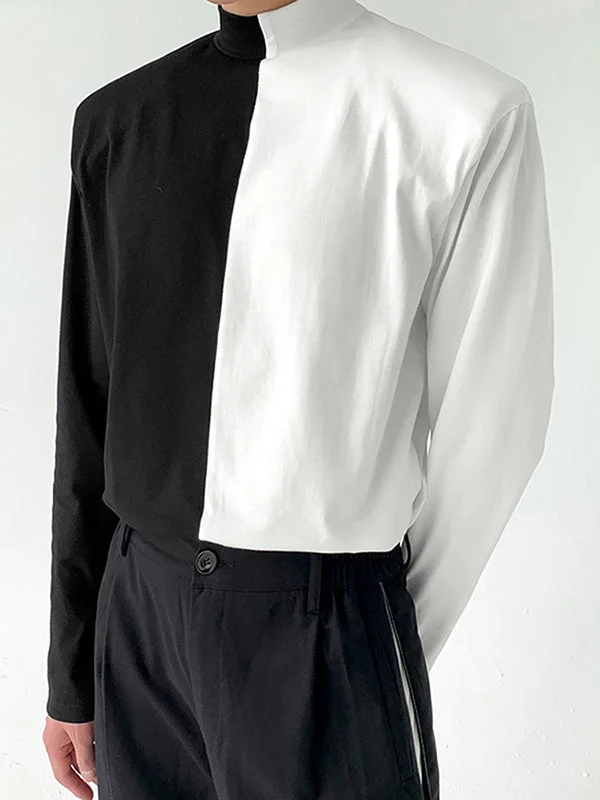 Aonga - Mens Patchwork Long Sleeve Half Collar T-shirt
