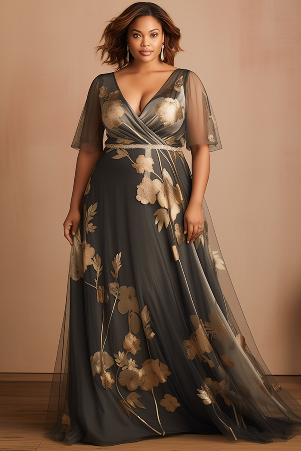 Flycurvy Plus Size Mother Of The Bride Gray Mesh Floral Print Wrap Flutter Sleeve Maxi Dress