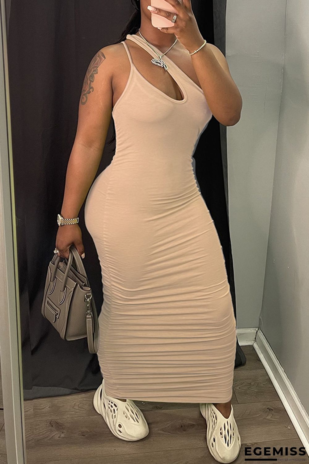 Apricot Sexy Casual Solid Hollowed Out Fold One Shoulder Sleeveless Dress | EGEMISS