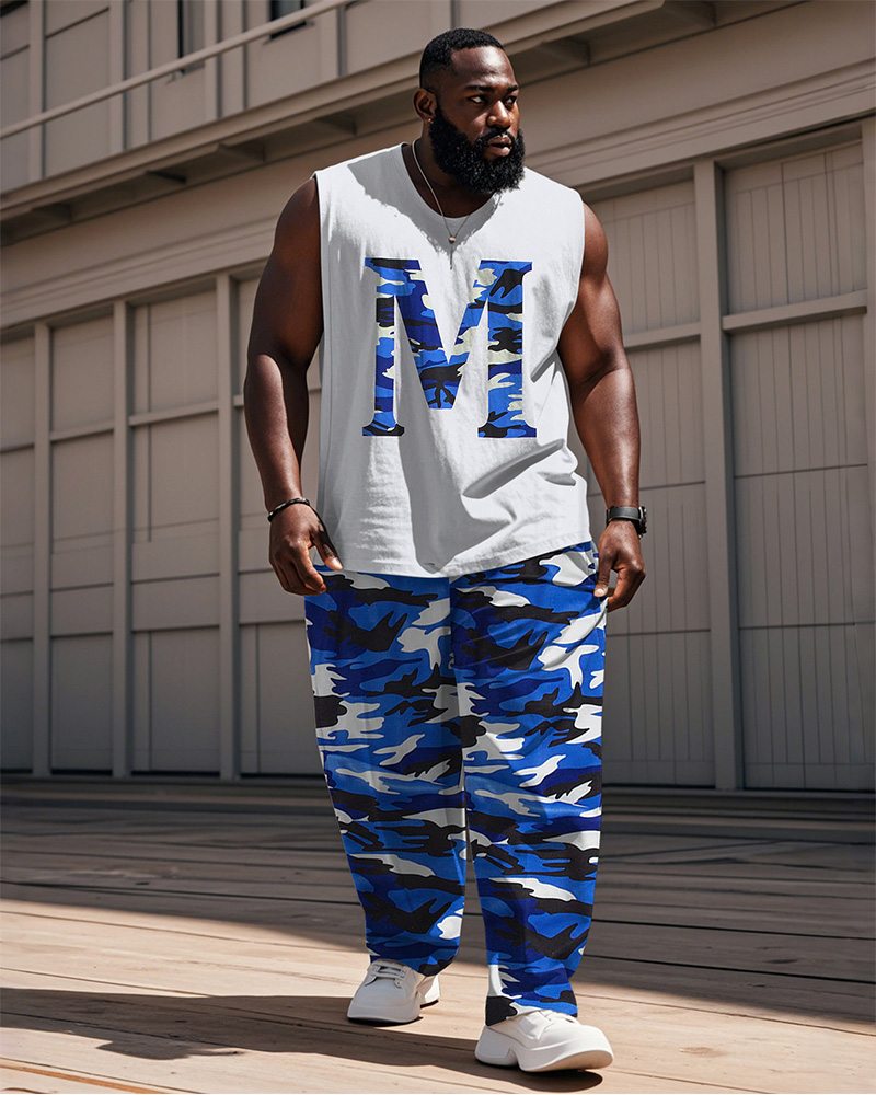 Men's Plus Size Blue Camouflage M Letter Print Vest Trousers Suit