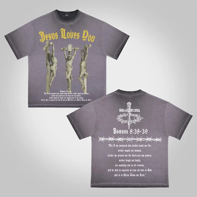 Jesus Portrait Jesus Loves You Bible Graphic Print Washed Cotton T-Shirt