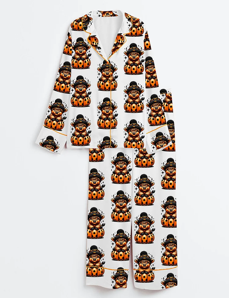 Women&rsquo;s Cute Highland Cow Halloween Pumpkin Spooky Season Long Sleeve Satin Pajama Set